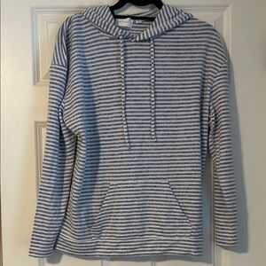 Women’s blue and white striped hooded pullover size medium.